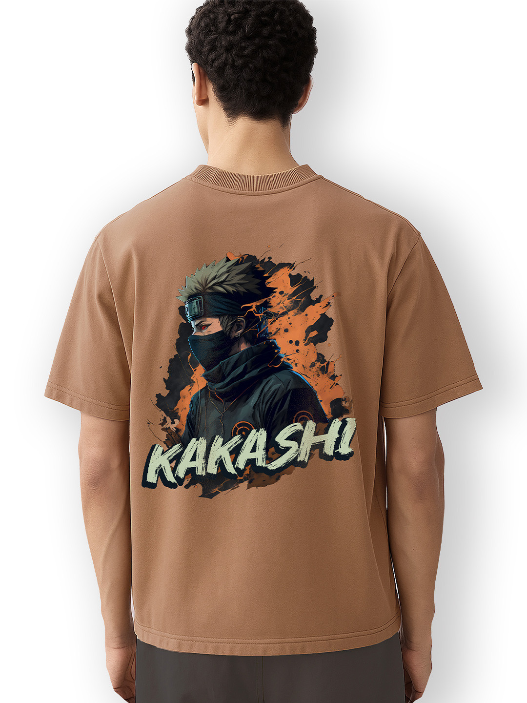 WHITE HUSK Men Kakashi Naruto Anime Printed Round Neck Cotton Oversized T-shirt