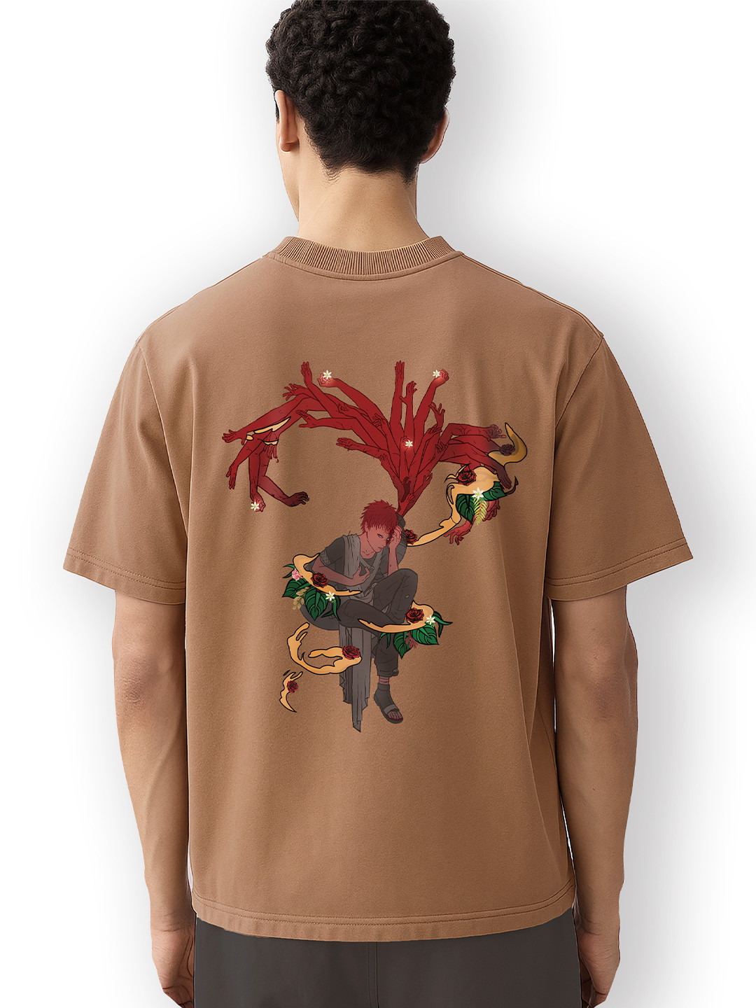 WHITE HUSK Gaara Anime Printed White Oversized T-shirt