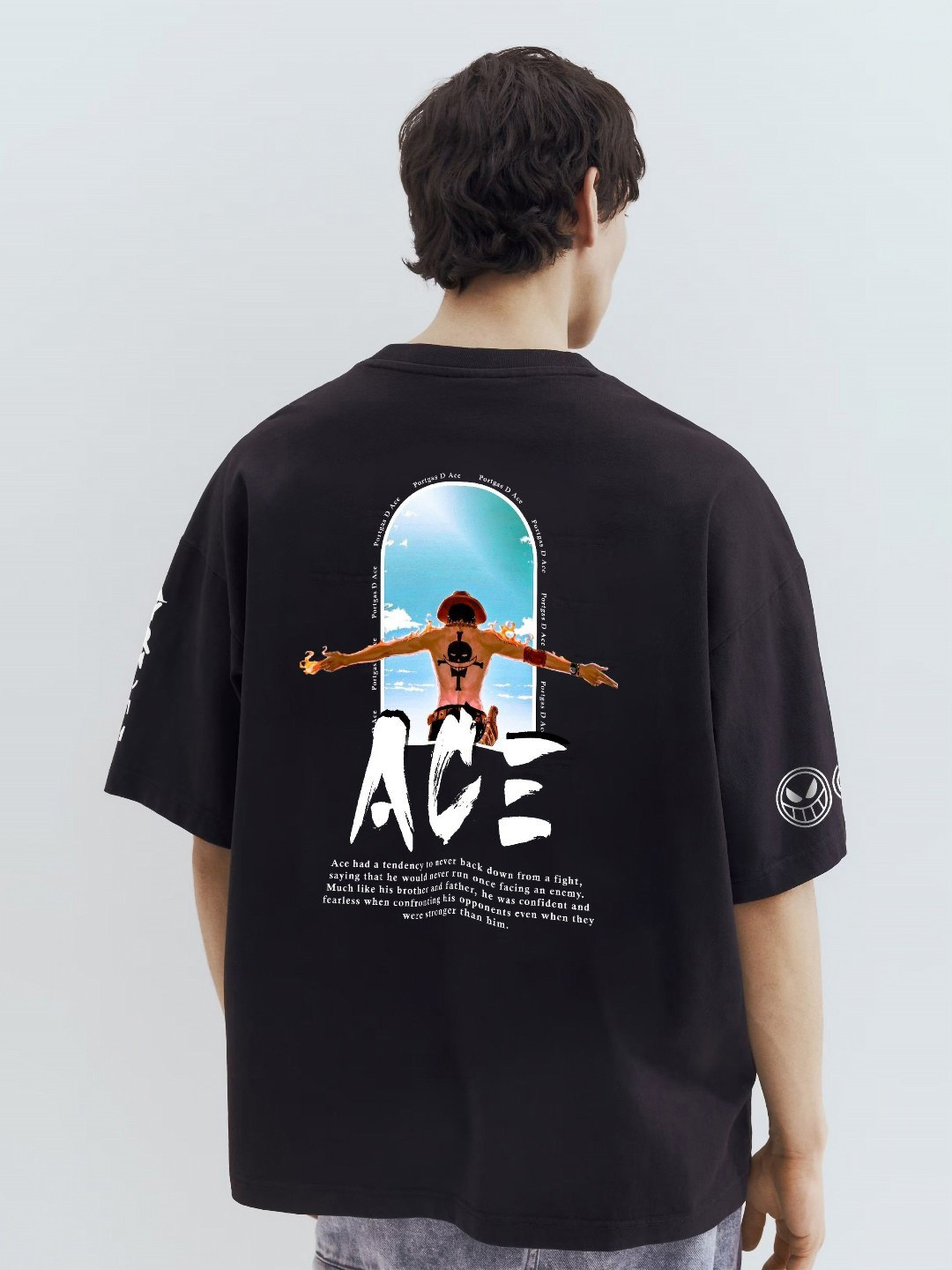 WHITE HUSK Men Ace One Piece Anime Printed Round Neck Cotton Oversized T-shirt