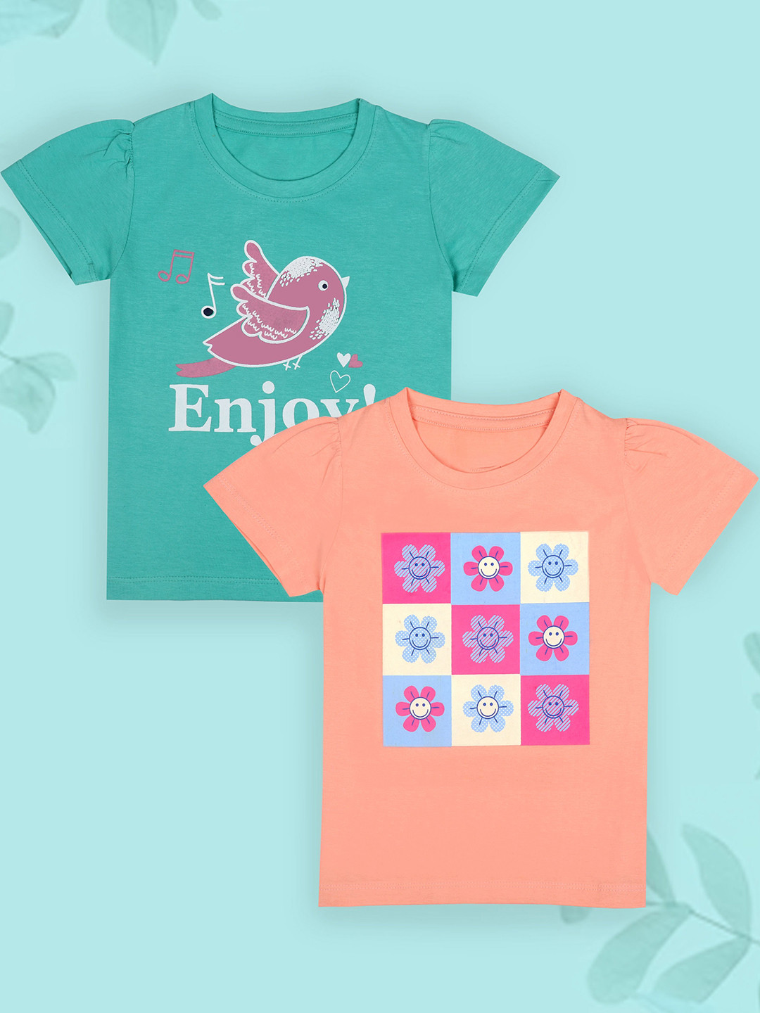 J&JP Girls Pack of 2 Printed Tropical Applique T-shirts