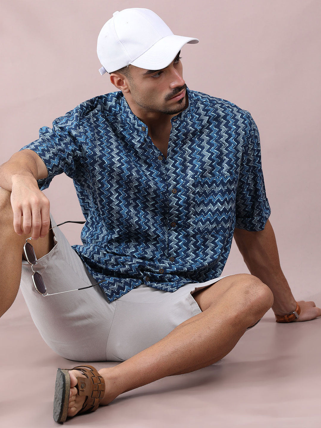 FILORI STUDIO Zig Zag Printed Mandarin Collar Casual Cotton Shirt