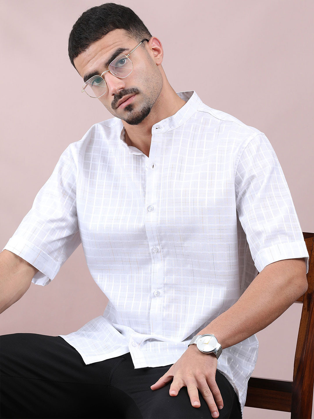 FILORI STUDIO Other Checks Mandarin Collar Short Sleeves Casual Cotton Shirt