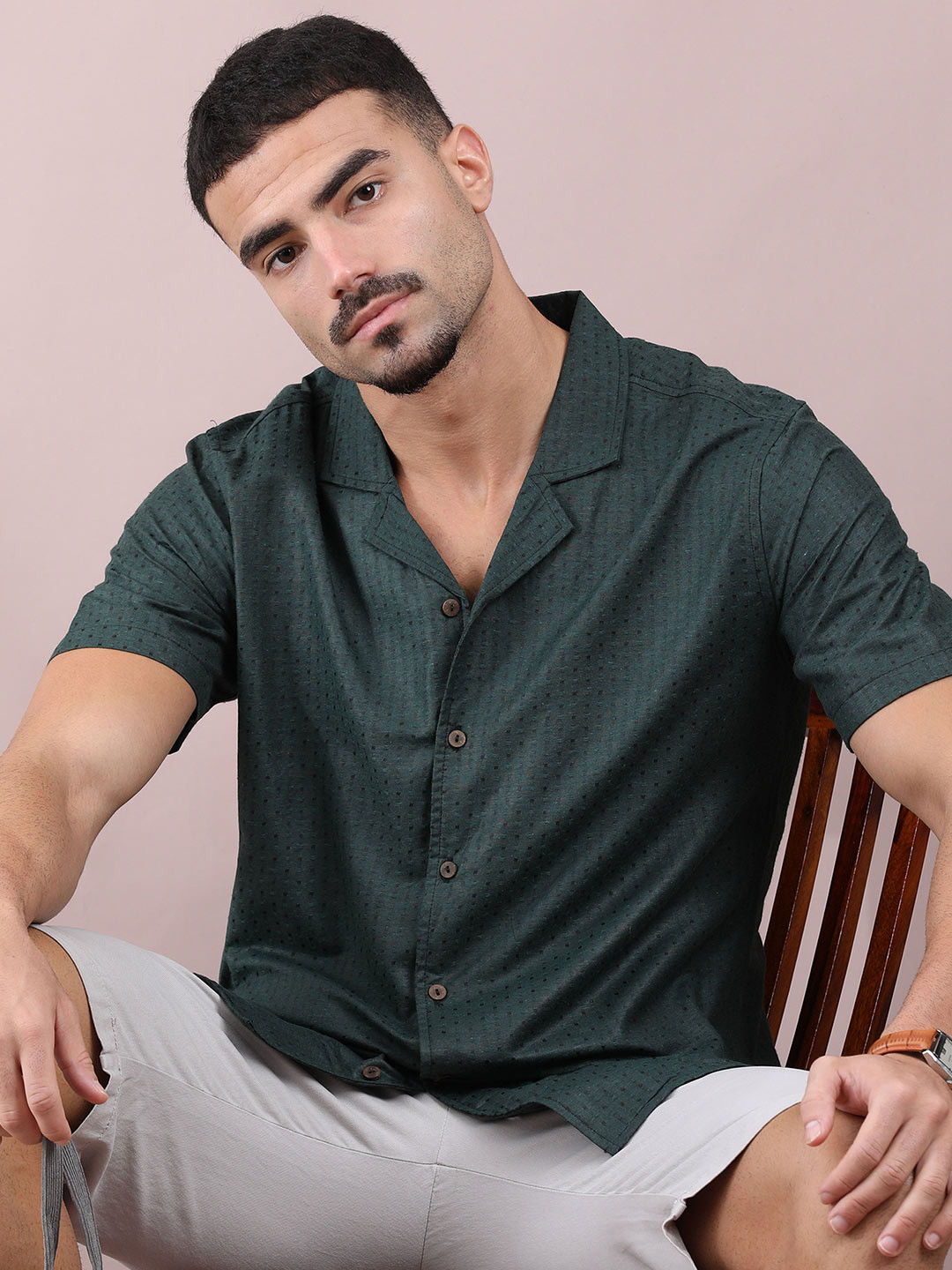FILORI STUDIO Self Design Polka Dots Cuban Collar Short Sleeves Casual Shirt