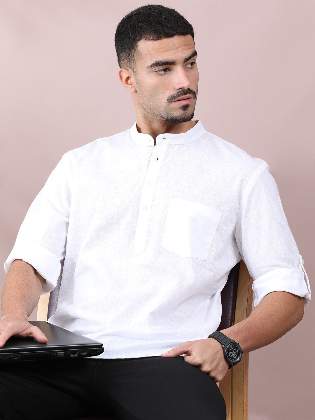 FILORI STUDIO Men Roll-Up Sleeves Mandarin Collar  Kurta