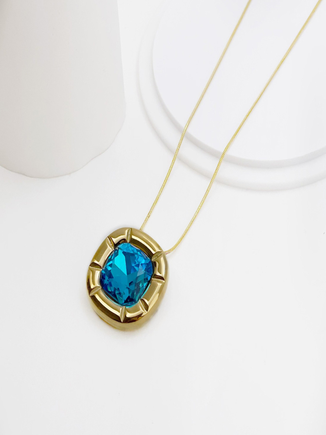AQUASTREET 18K Gold Plated Waterproof Antitarnish Aqua Blue Zircon Pendant Necklace