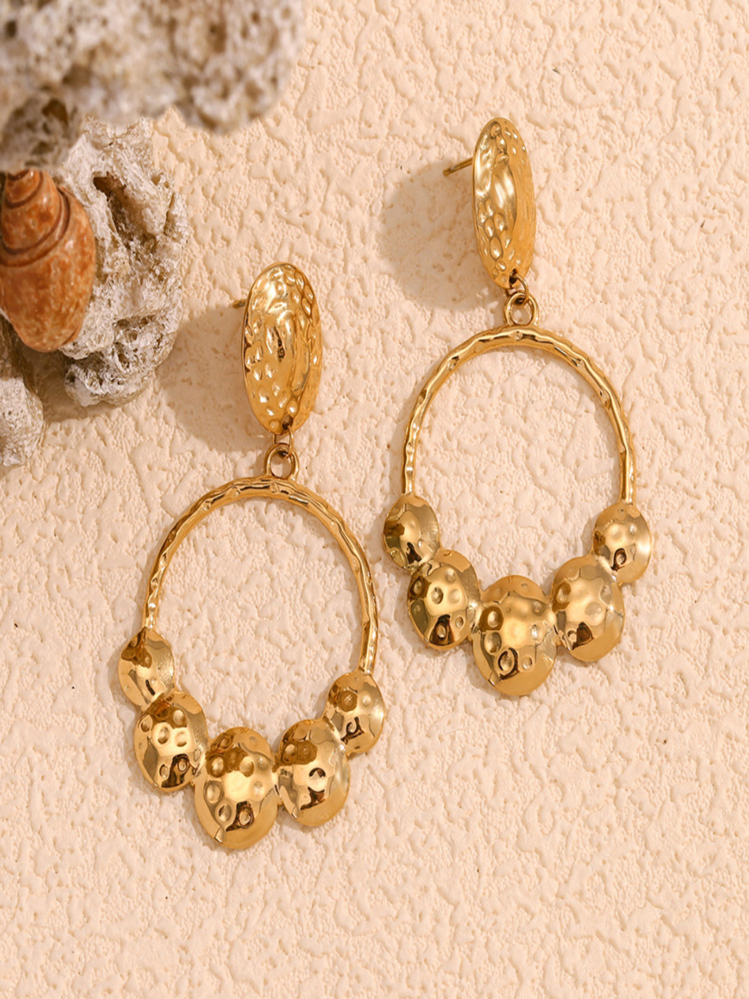 AQUASTREET 18K Gold Plated Waterproof Antitarnish Hammered Oval Drop Earrings
