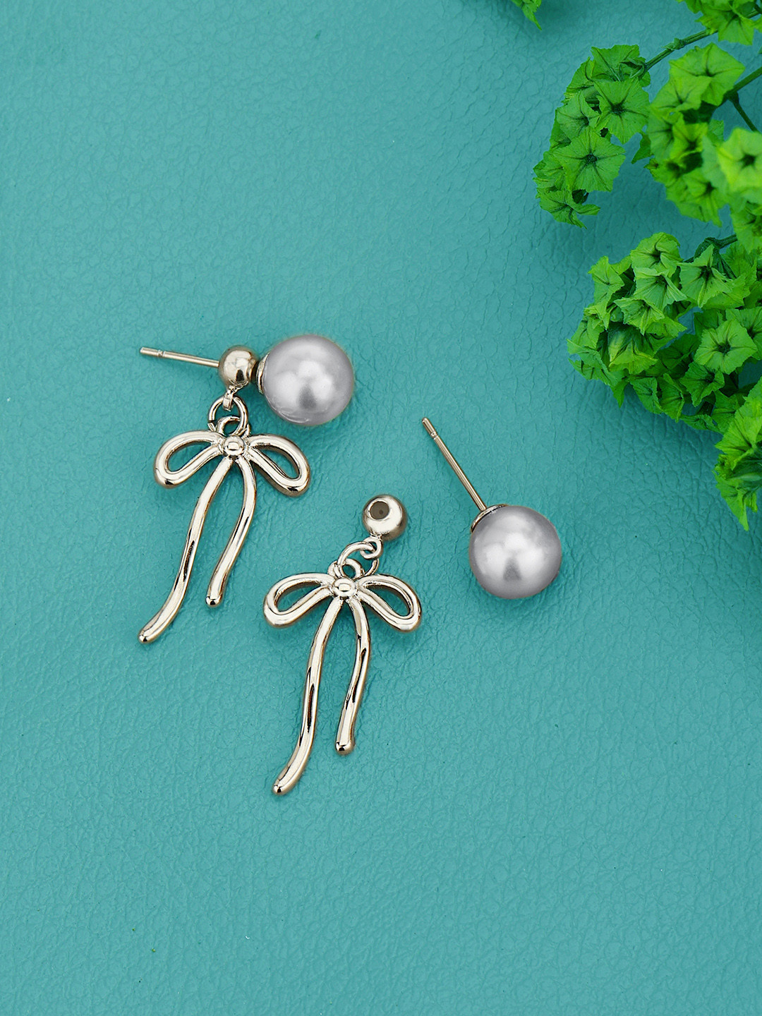 Carlton London Silver Plated Grey Pearl Bow Front Back Drop Earring