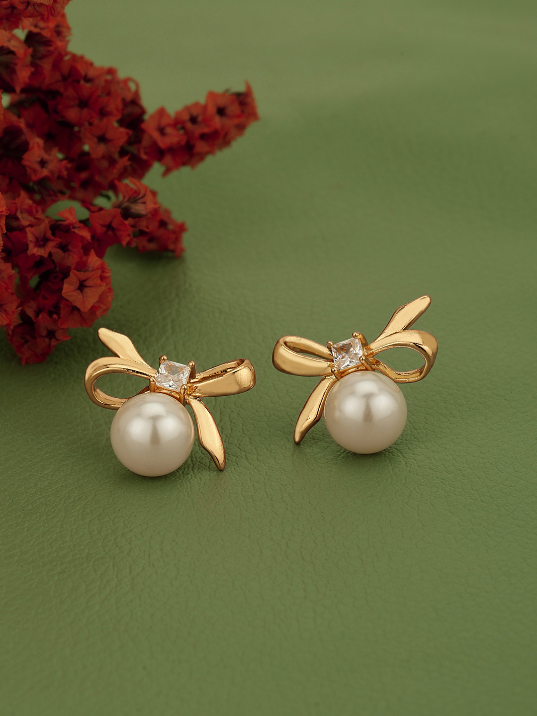 Carlton London Gold Plated CZ and Pearl Butterfly Bow Bold Stud Earring
