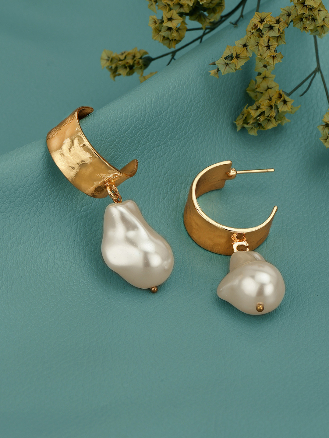 Carlton London Gold Plated Dangling Pearl Crescent Drop Earring