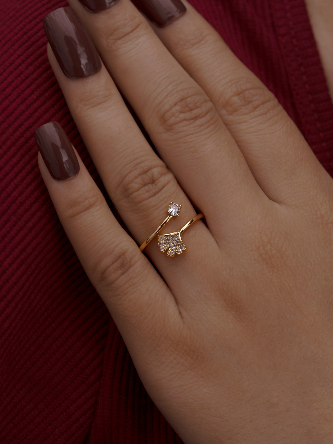 ARTKLIM Gold-Plated American Diamond Studded Leaf Design Adjustable Finger Ring