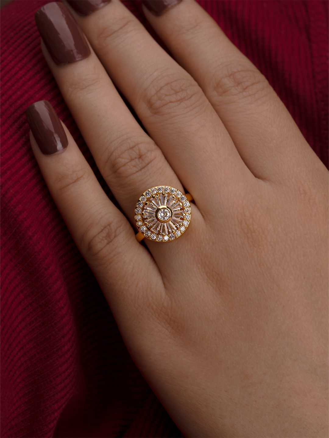 ARTKLIM Gold-Plated American Diamond Studded Revolving Flower Baguette Finger Ring