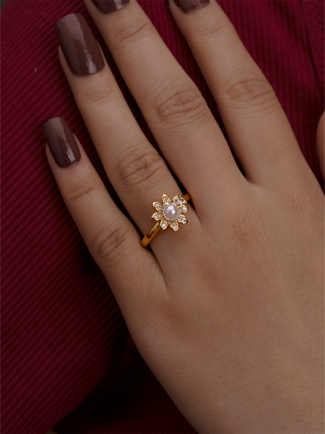 ARTKLIM Gold-Plated American Diamond Studded Flower Adjustable Finger Ring