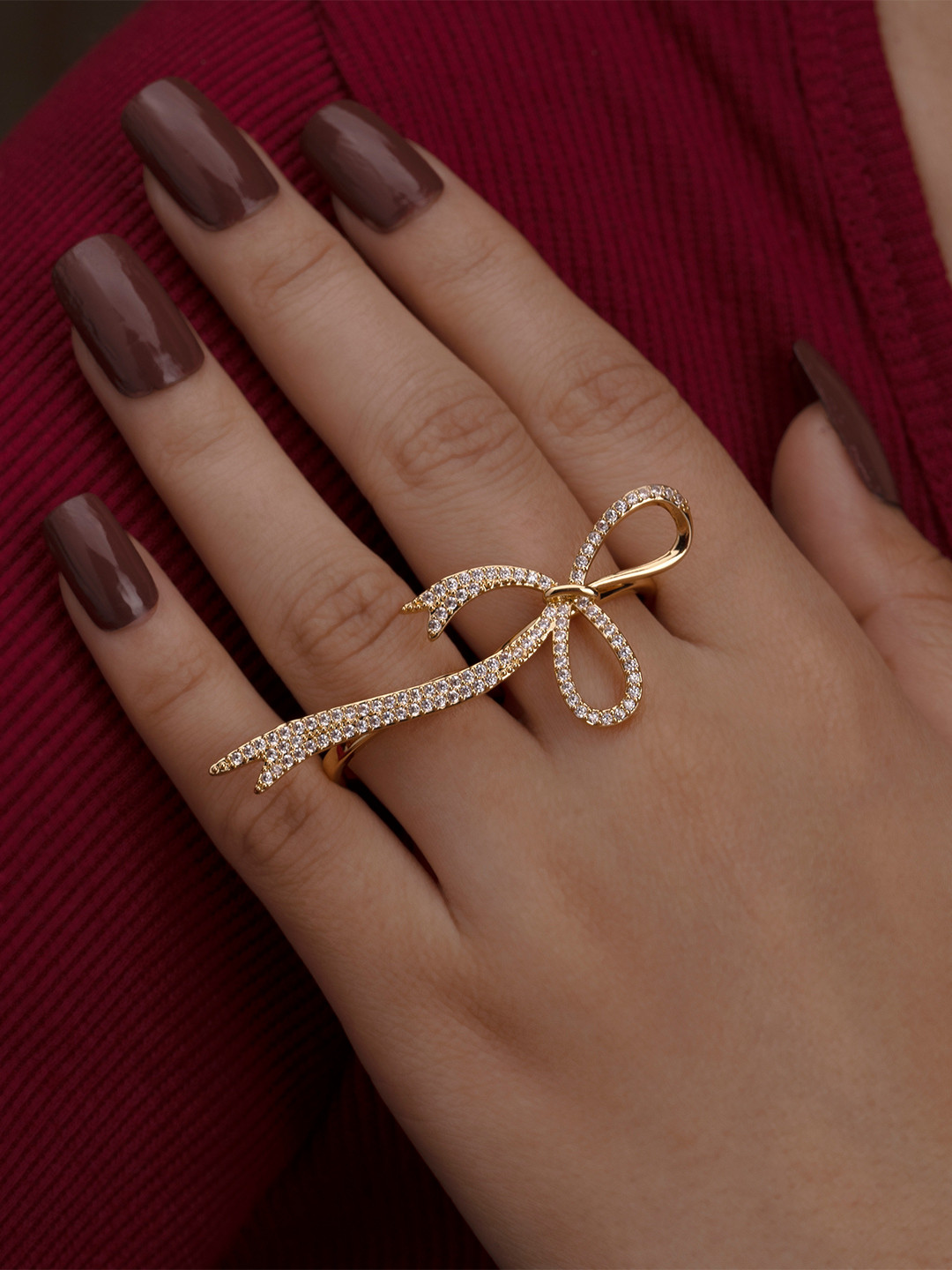 ARTKLIM Gold-Plated American Diamond Studded Bow Design Adjustable Finger Ring