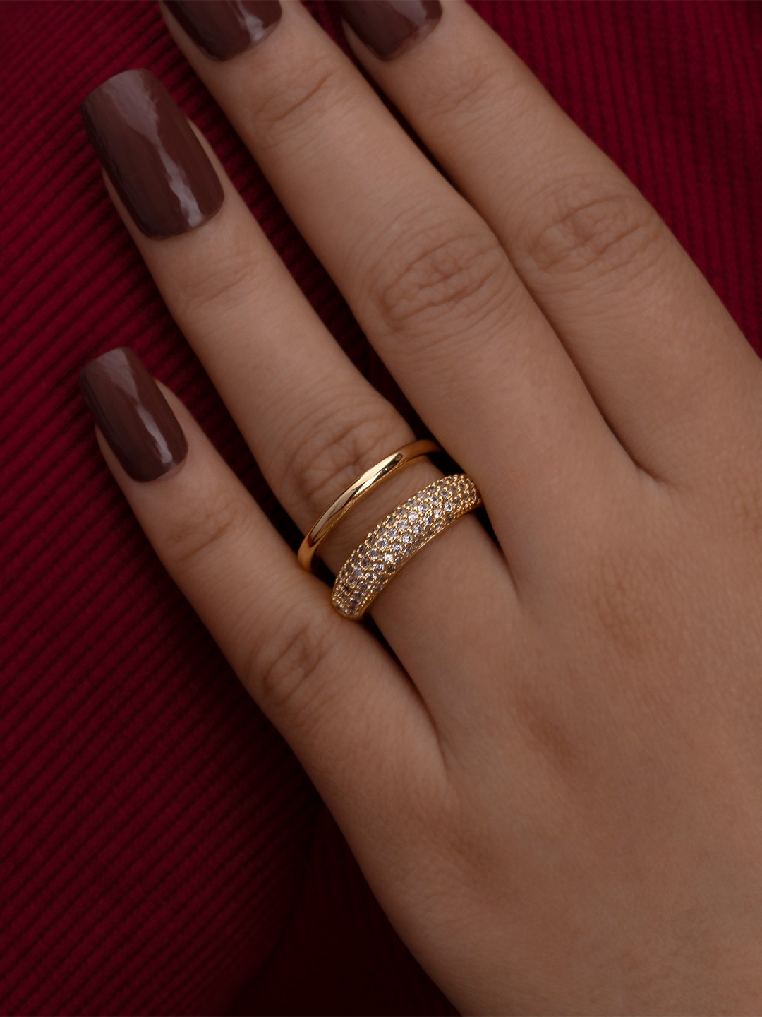 ARTKLIM Gold-Plated American Diamond Studded Vermail Design Double Adjustable Finger Ring