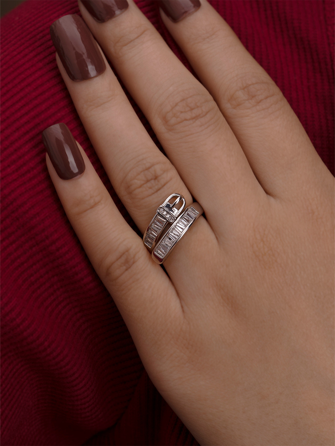 ARTKLIM Silver-Plated American Diamond Studded Baguette Pattern Adjustable Finger Ring