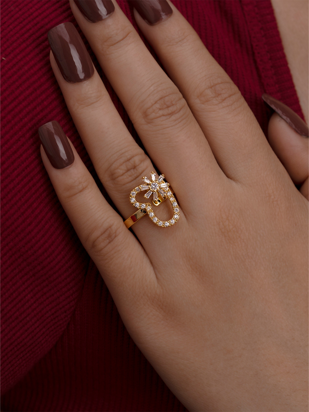 ARTKLIM Gold-Plated American Diamond Studded Heart & Flower Adjustable Finger Ring