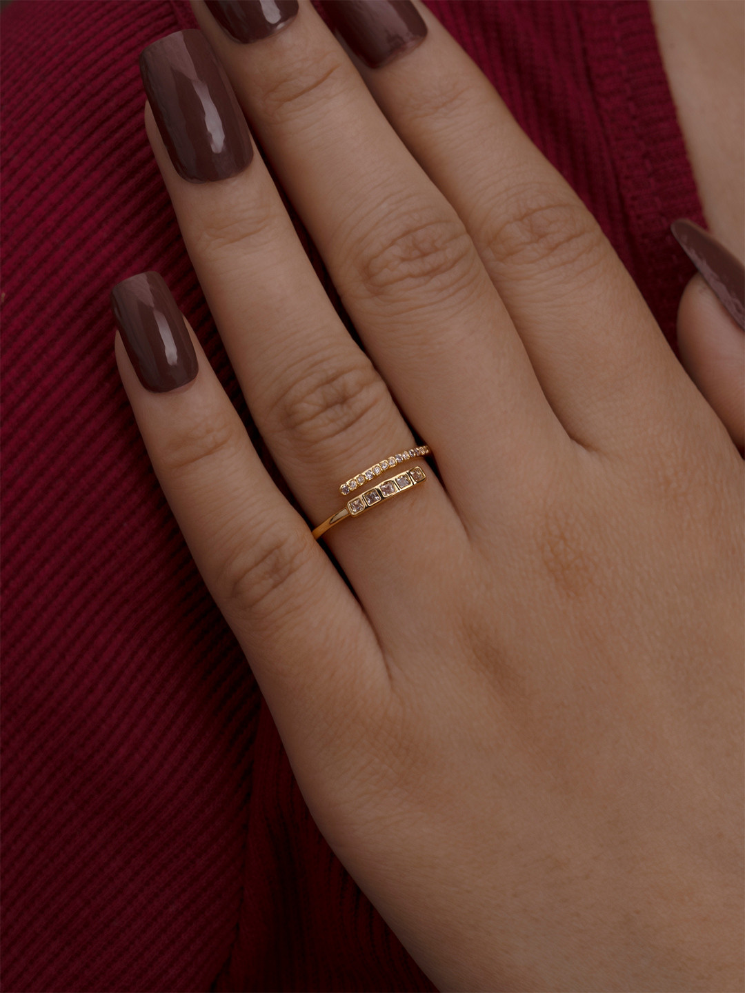 ARTKLIM Gold-Plated American Diamond Studded Spiral Open Adjustable Finger Ring