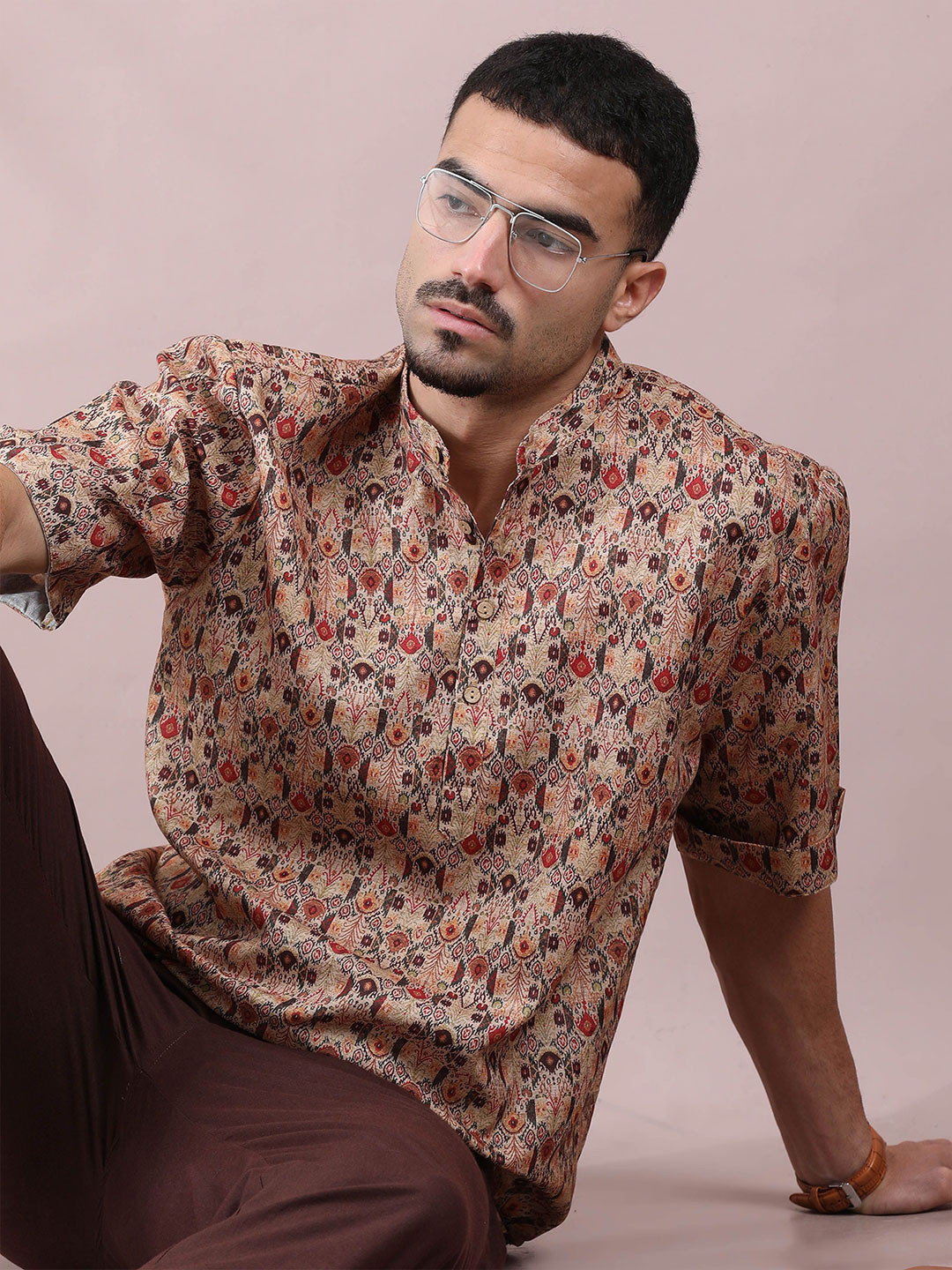 FILORI STUDIO Floral Printed Band Collar Short Straight Kurta