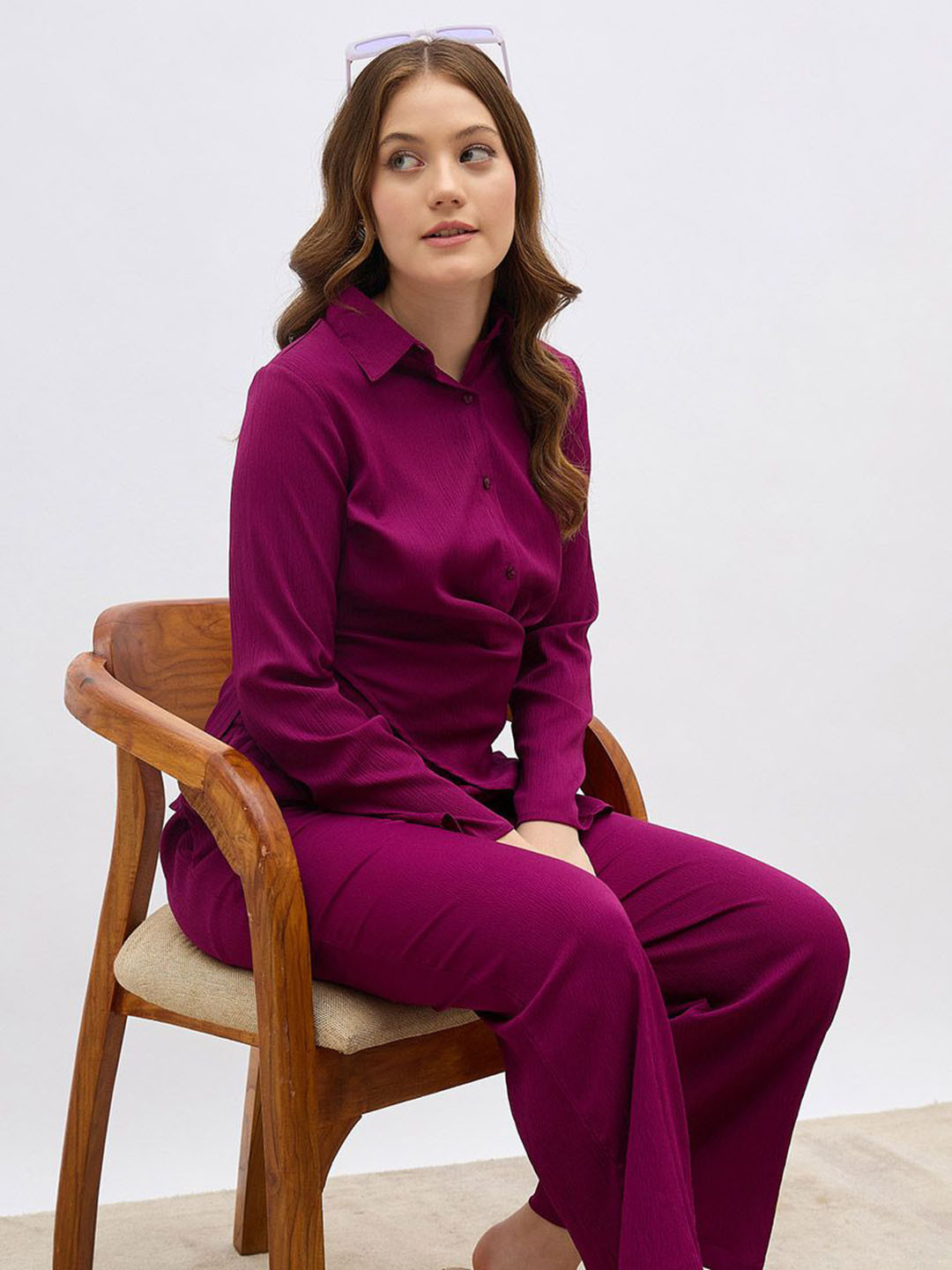 Styli Women Assymentric Hemline Tie Up Textured Shirt With Trouser Co-ords