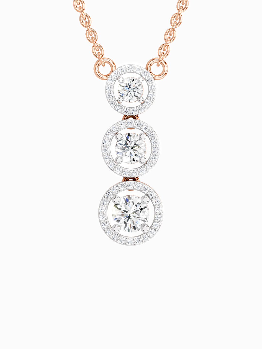 Sparkles Lab Grown Diamond 1.43 Carat Round Three Stone Halo Pendant Necklace 14K Rose Gold