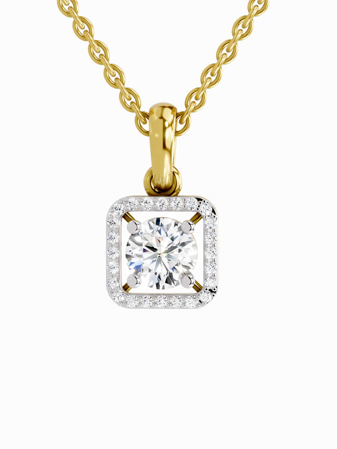 Sparkles Lab Grown Diamond 1 Carat Round Halo Square Pendant 14K Yellow Gold