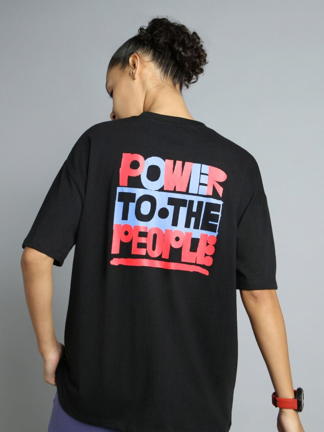 CULT Women Black Oversized Back Print Graphic T-shirt