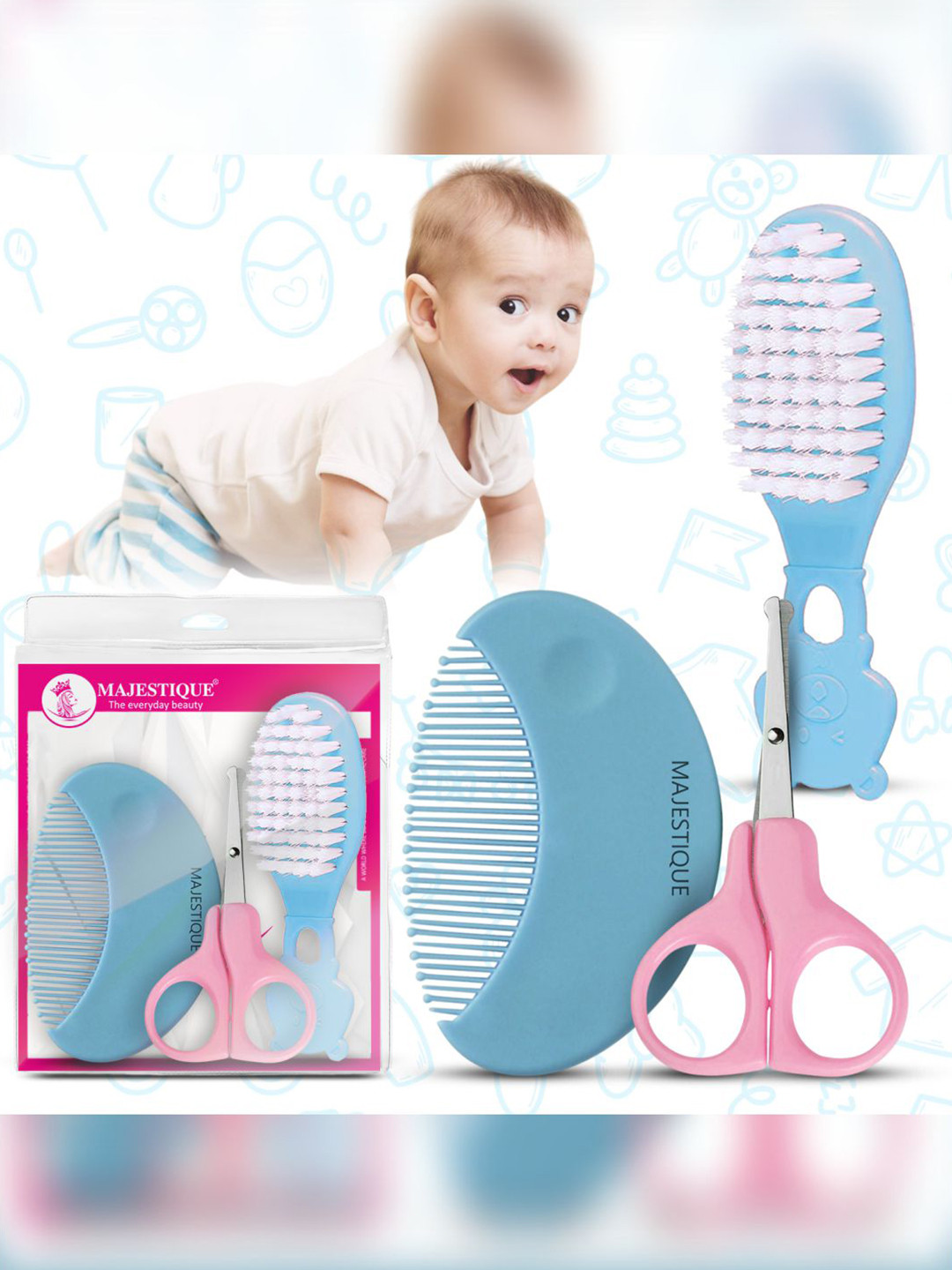 MAJESTIQUE Kids Set Of 3 Baby Care Grooming Kit - Blue