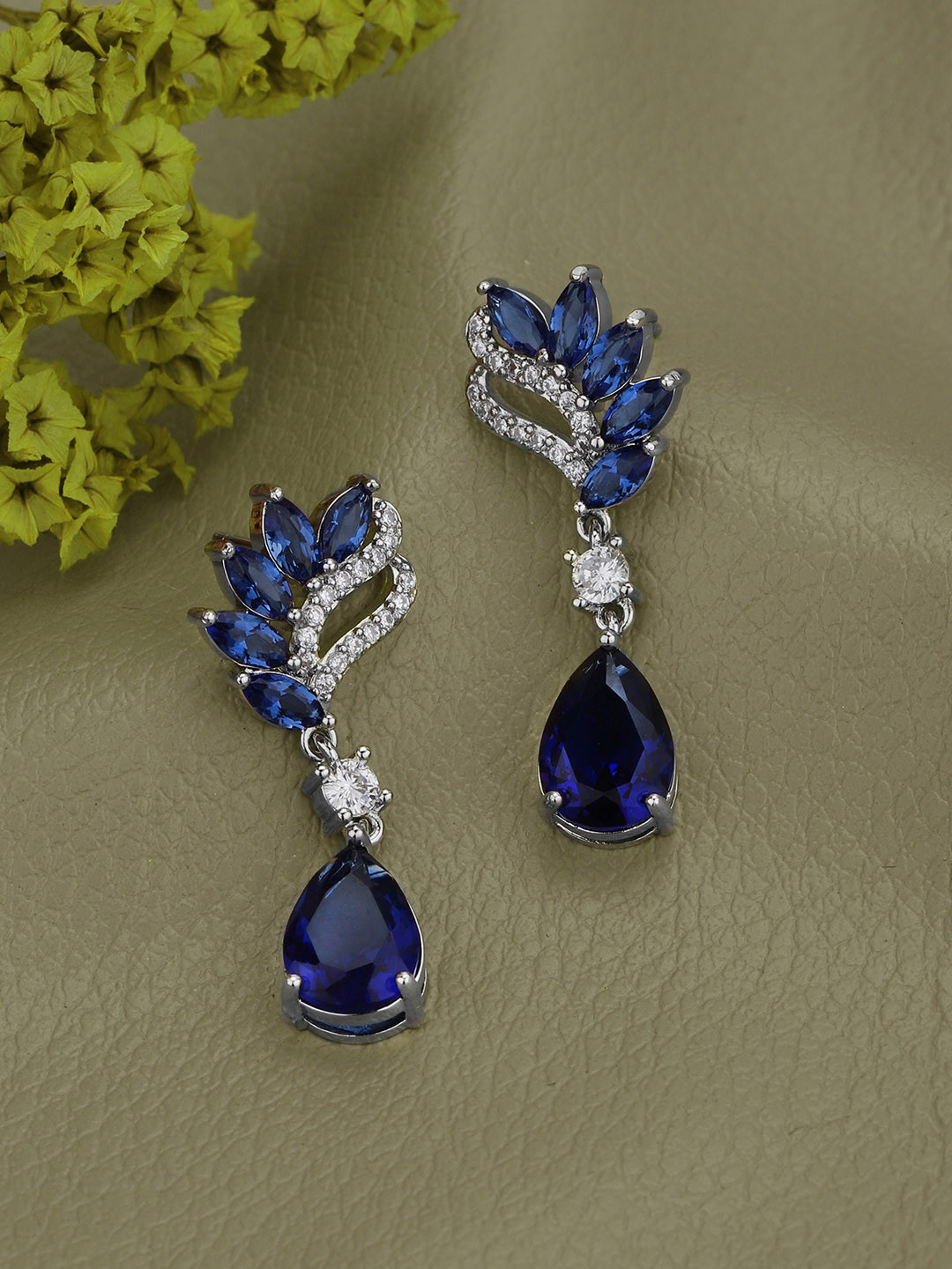 Carlton London Premium Silver Plated Blue Cubic Zircon Tear Drop Earring