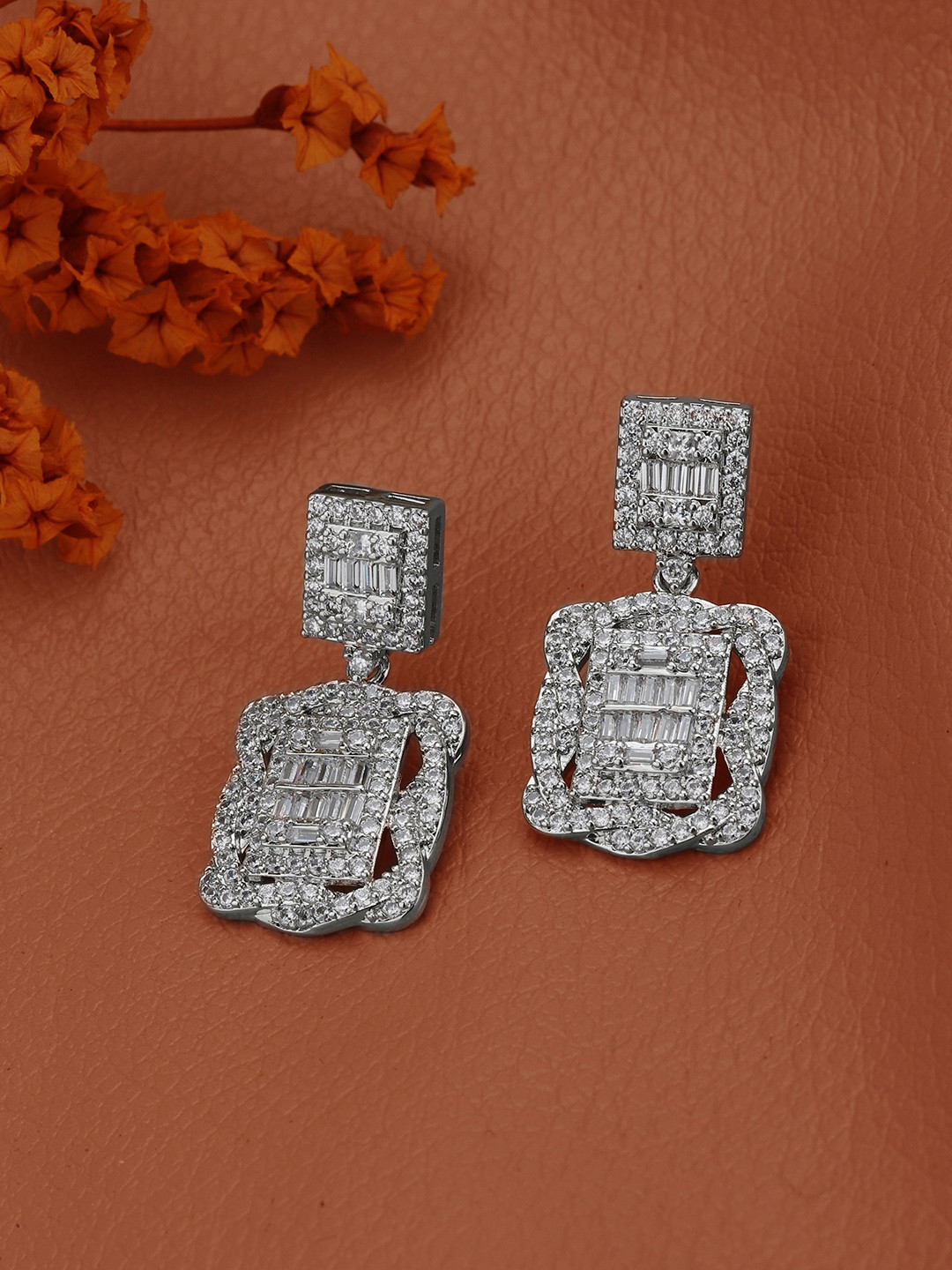 Carlton London Premium Silver Plated CZ Square Drop Earring