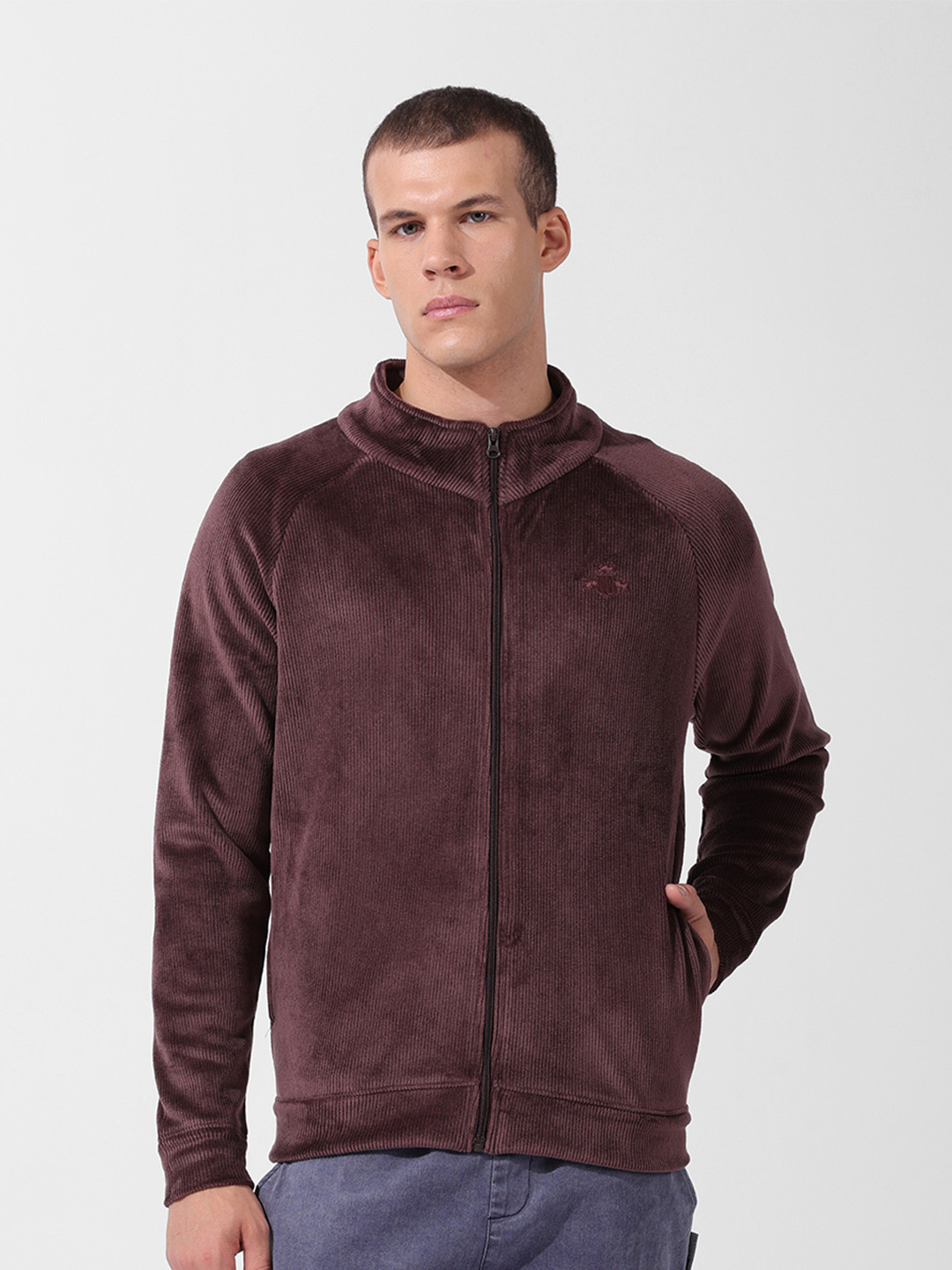 The Indian Garage Co Men's Regular Fit Self Design Corduroy Zip Up High Neck Sweatshirt