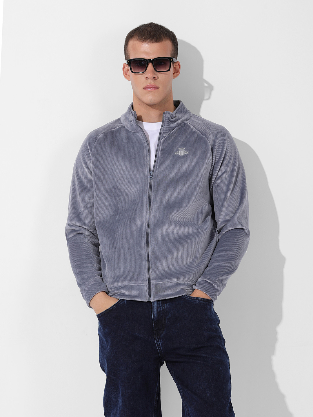 The Indian Garage Co Men's Regular Fit Self Design Corduroy Zip Up High Neck Sweatshirt