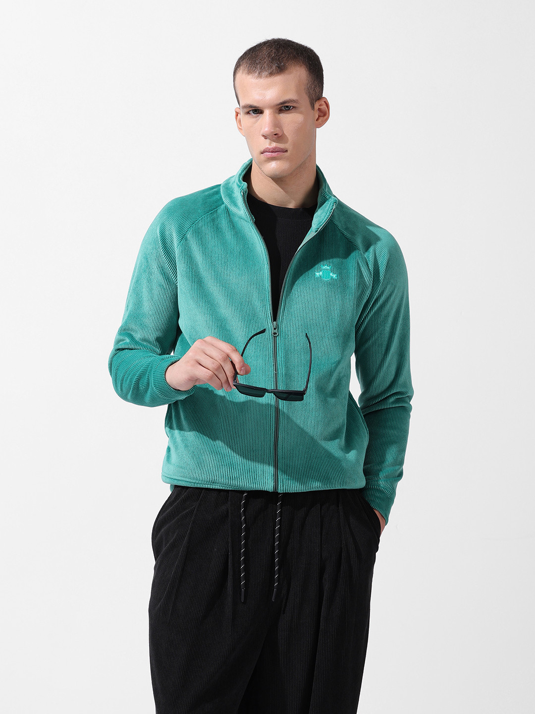 The Indian Garage Co Men's Regular Fit Self Design Corduroy Zip Up High Neck Sweatshirt