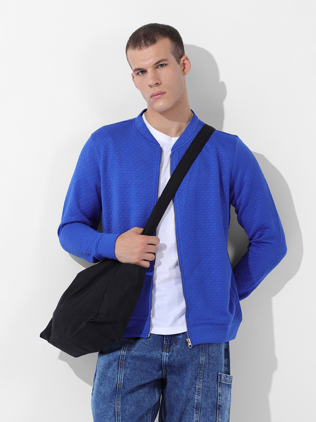 The Indian Garage Co. Men Men Regular Fit Self Design Front Open Baseball Neck Sweatshirt