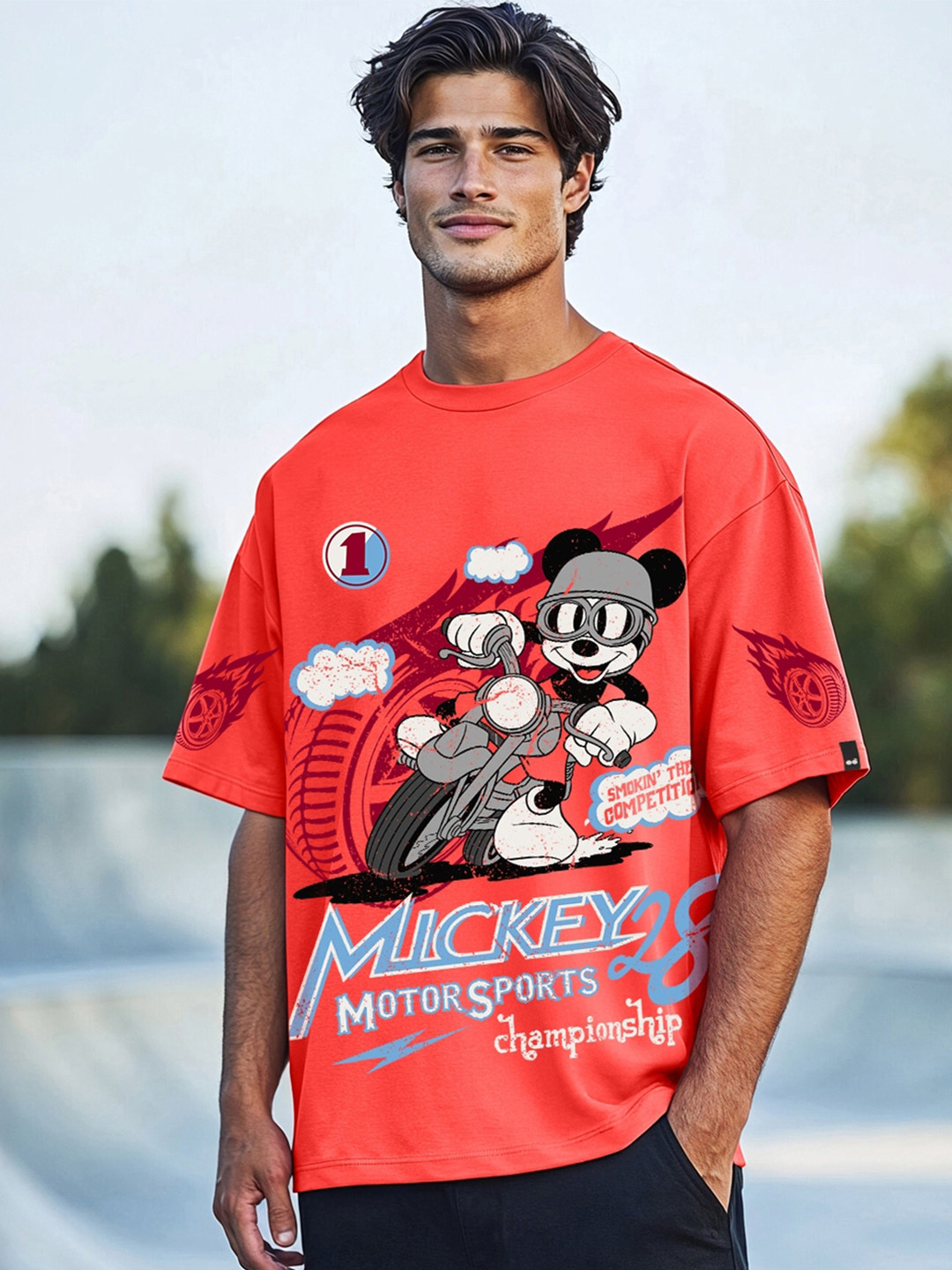 Bewakoof Heavy Duty Men Mickey Mouse Graphic Printed Round Neck Cotton Oversized T-shirt