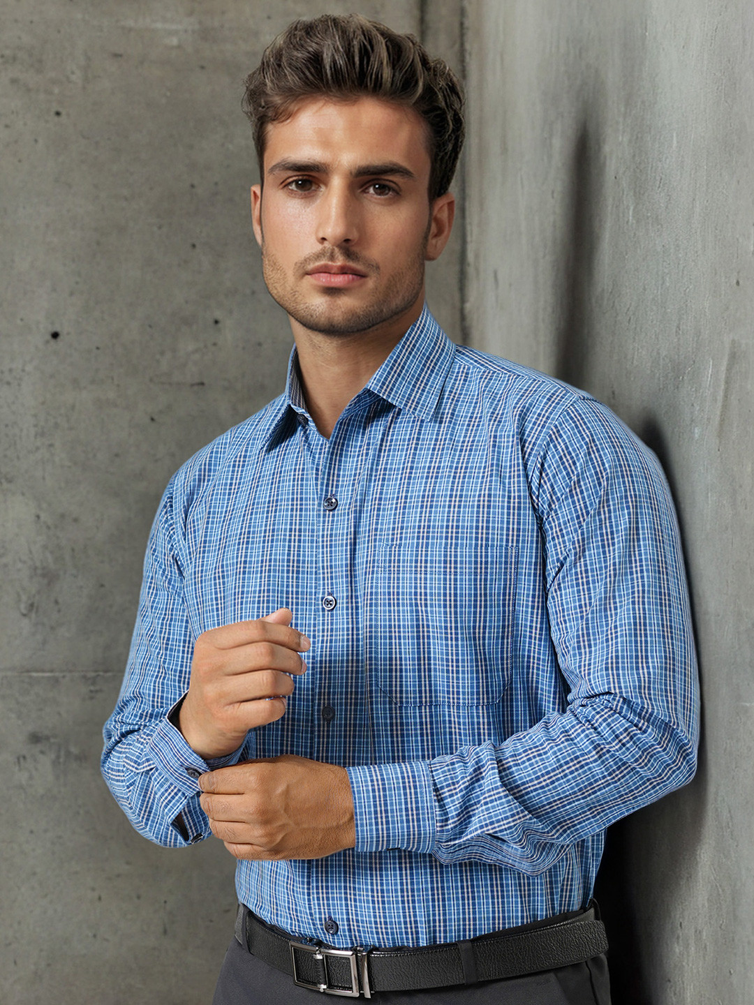 Haute Tissue Checks Oxford Blue Formal Shirt