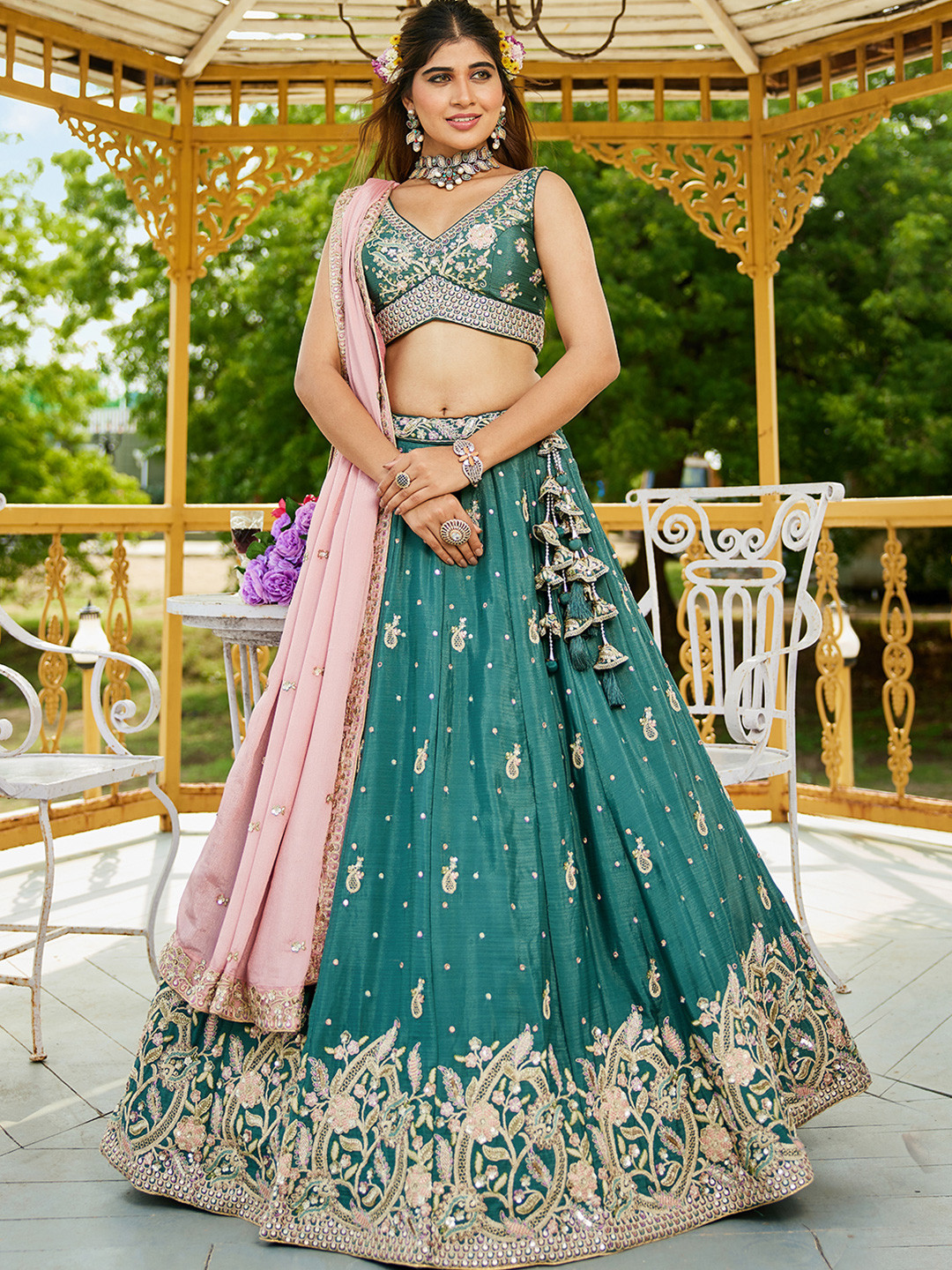 panchhi Embroidered Colour Sequinned Chiffon Lehenga Choli With Dupatta