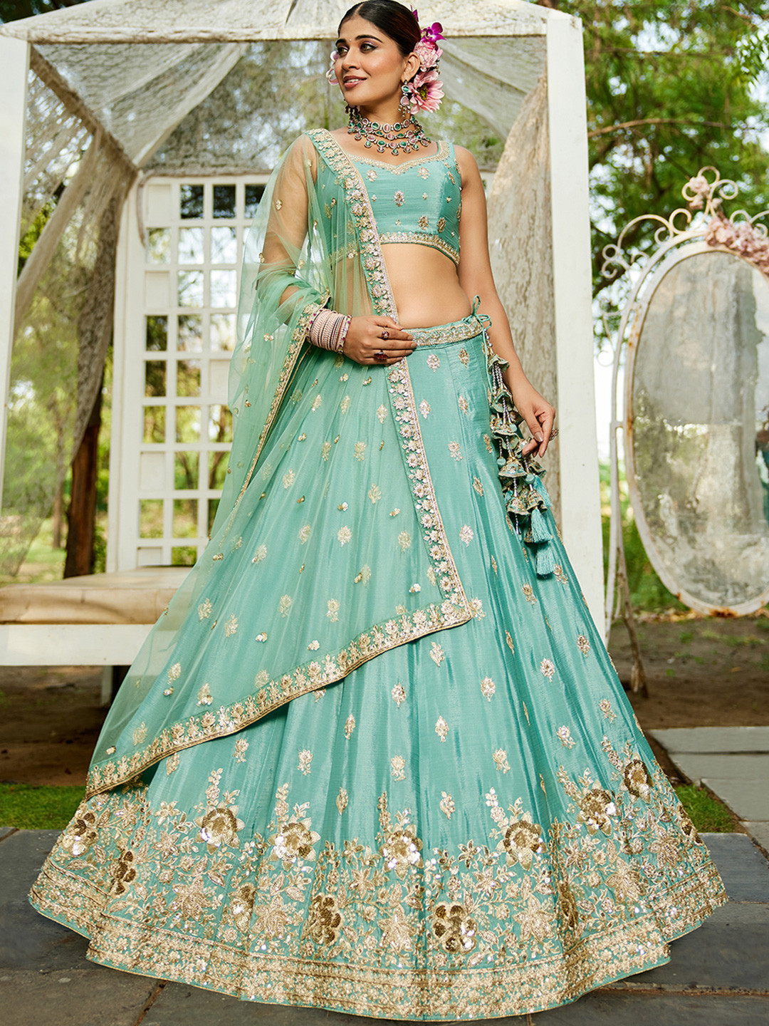 panchhi Embroidered Sea Sequinned Chiffon Lehenga Choli With Dupatta