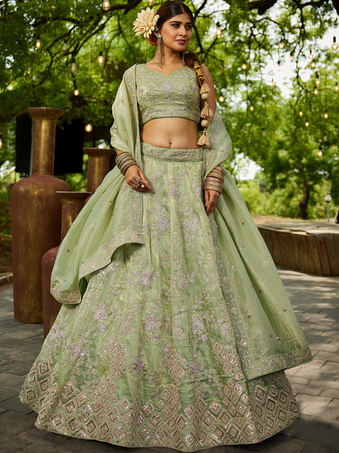 panchhi Embroidered Lime Sequinned Tissue Lehenga Choli With Dupatta