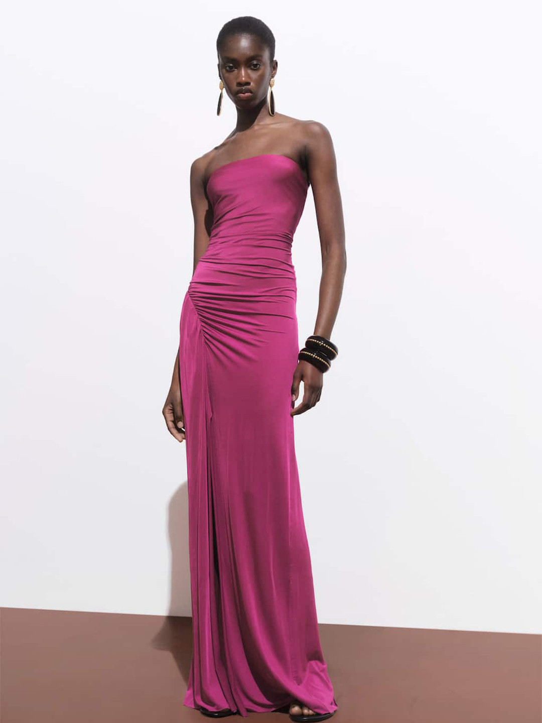 MANGO Strapless Ruched Side Slit Maxi Dress