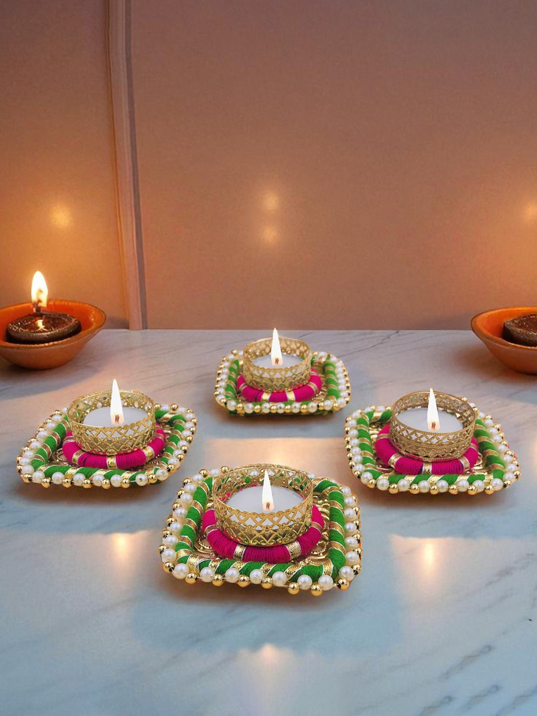 GADINFASHION Pink & Gold-Toned Set of 4 Candle Holder