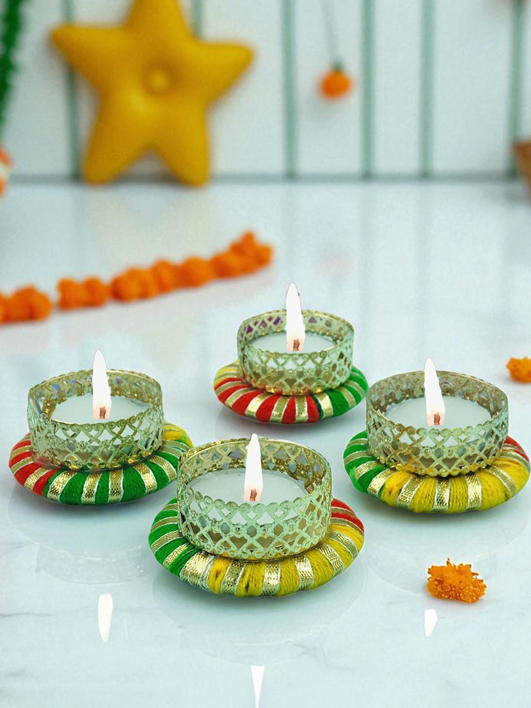 GADINFASHION Green & Gold-Toned 4 Pieces Candle Holders