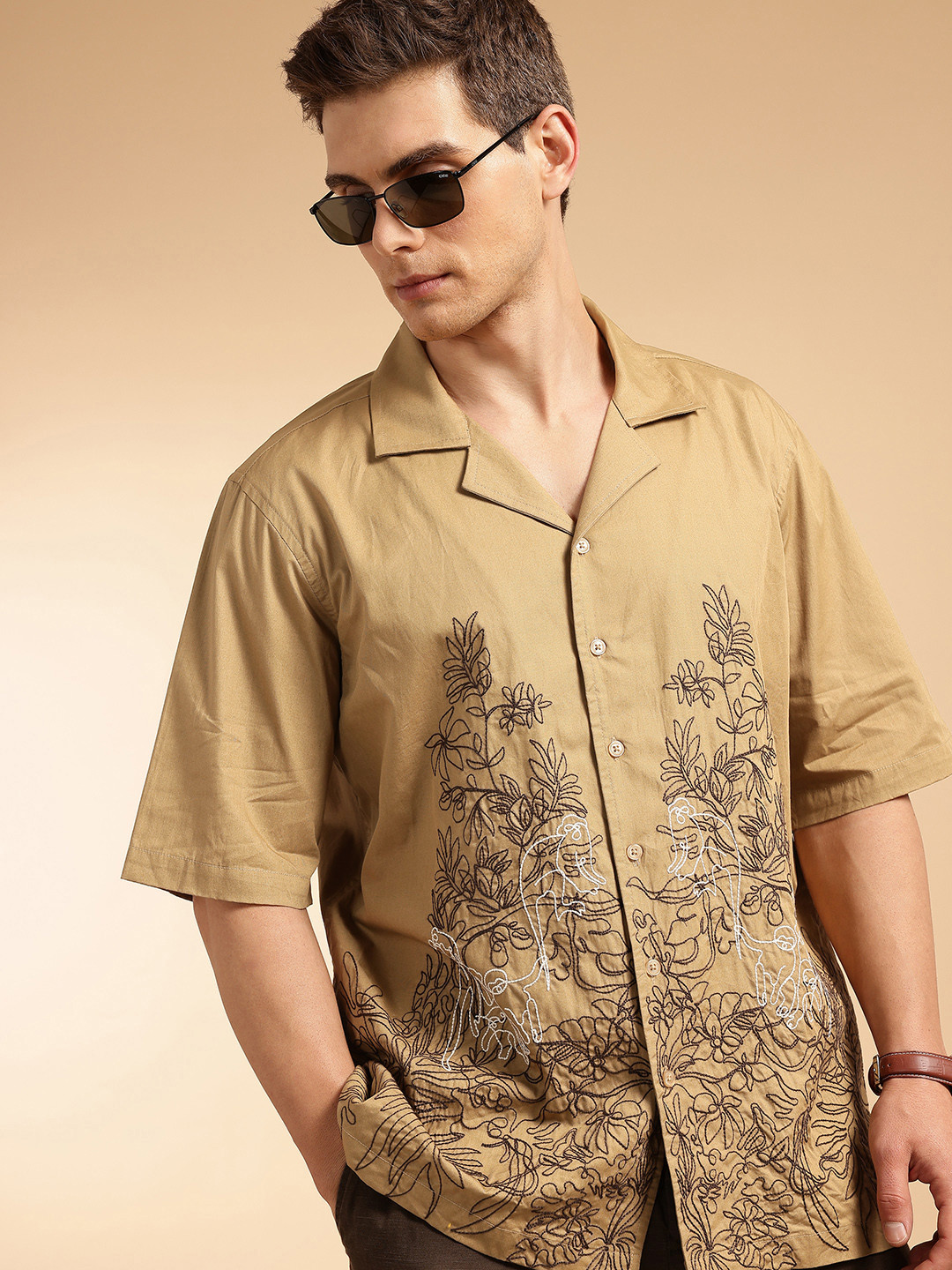 French Connection Men Premium Oversized Floral Embroidered Pure Cotton Casual Shirt
