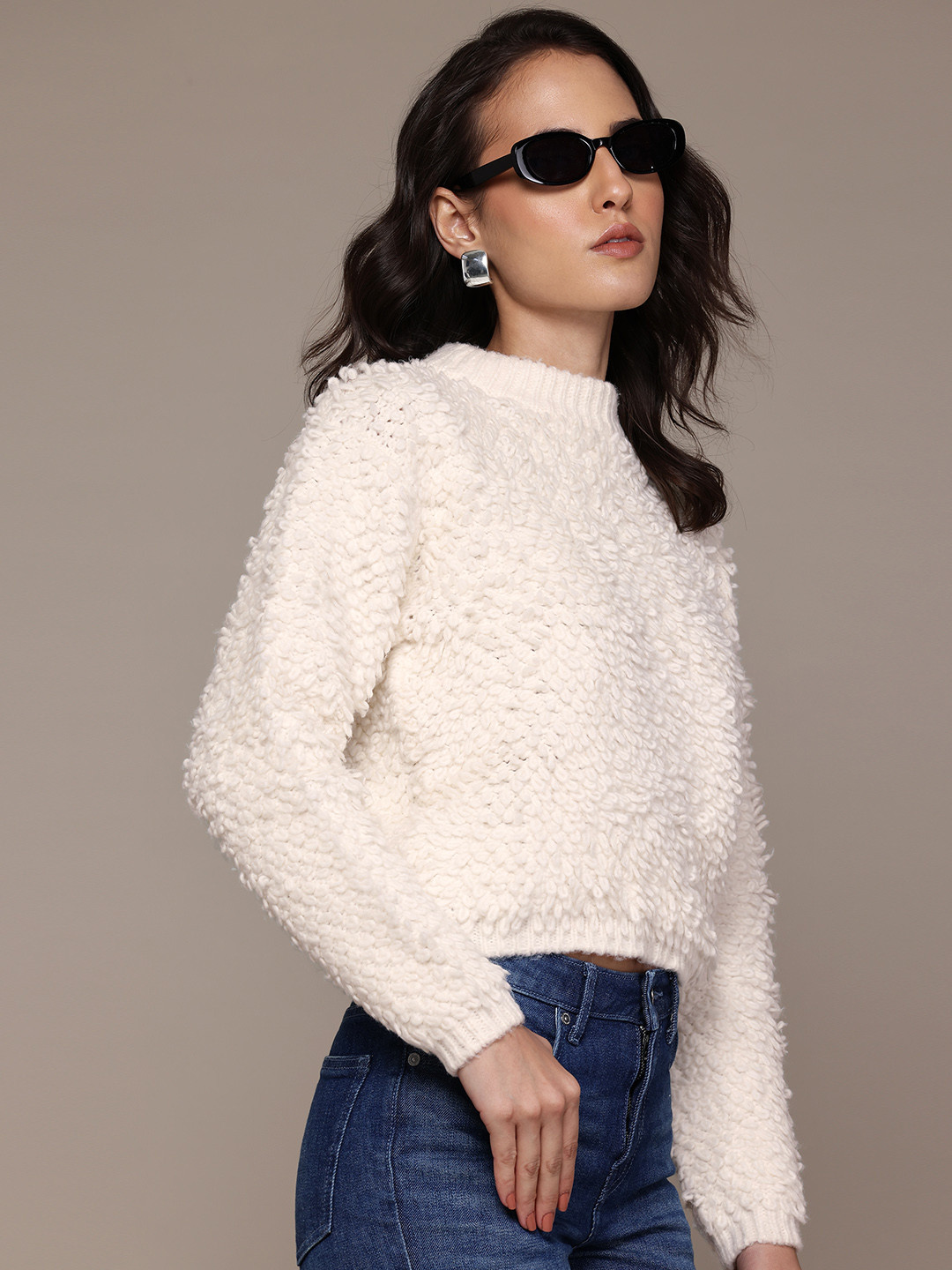 MANGO Round Neck Knitted Boucle Pullover