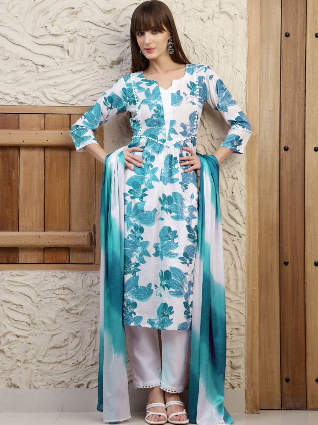 KALINI Blue & White Pure Cotton Floral Print Summer Straight Kurta Pant With Dupatta Set
