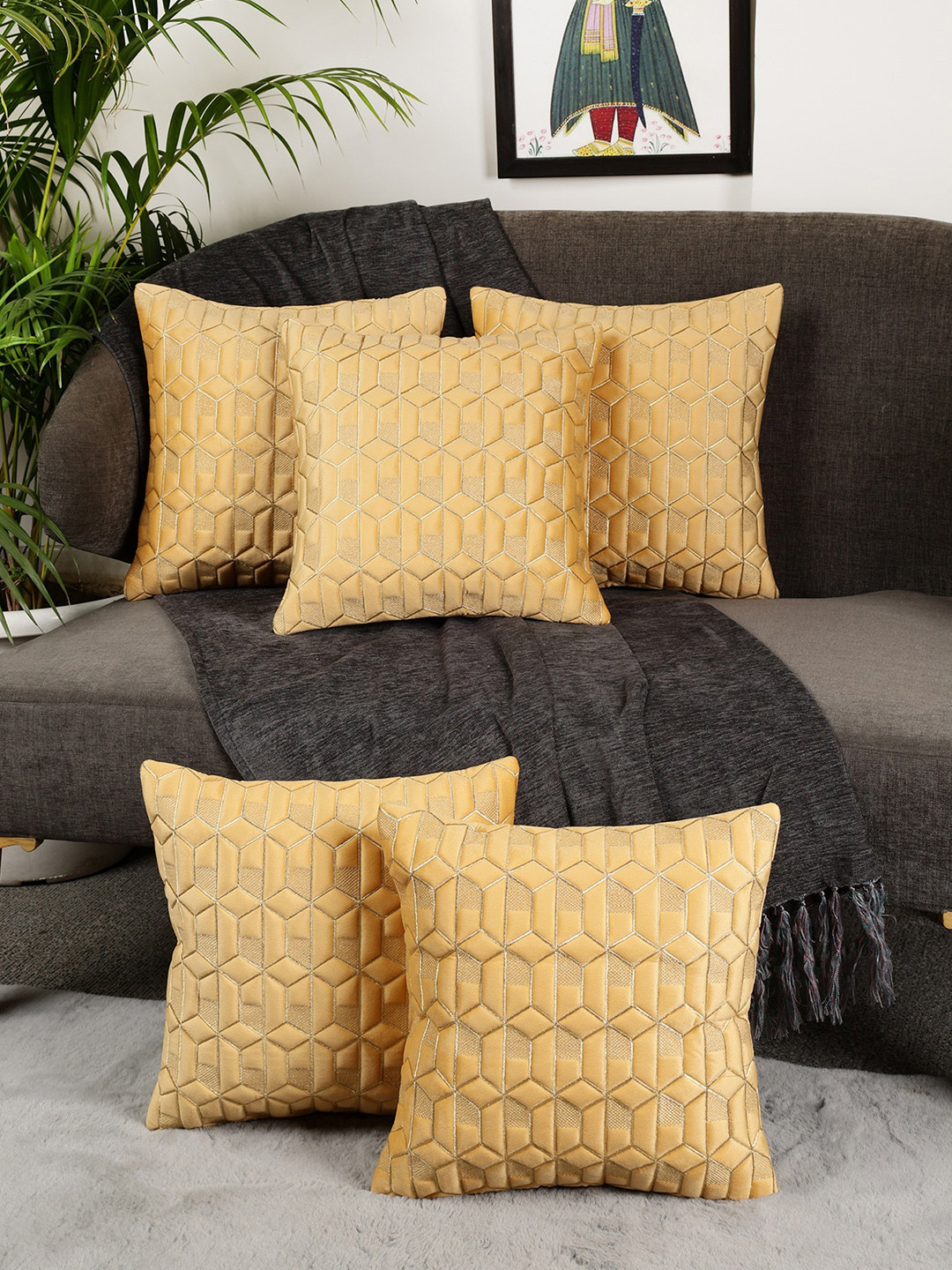 TANLOOMS Geometric Hexa Design Velvet Washable 5 Pcs Embroidered Cushion Covers -16x16In
