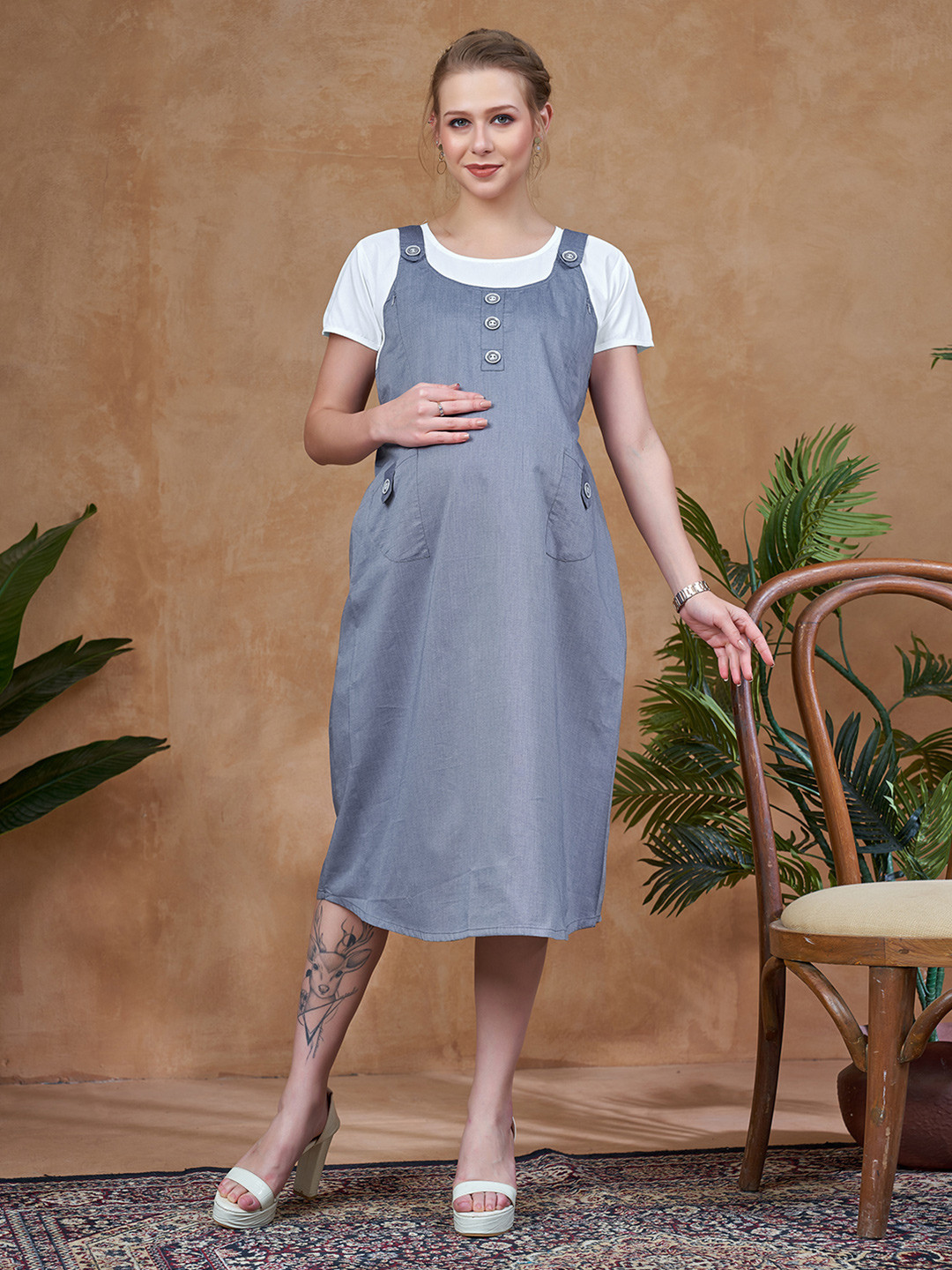 LOVELY MOM'S Womem Solid Round Neck Pinafore Dress