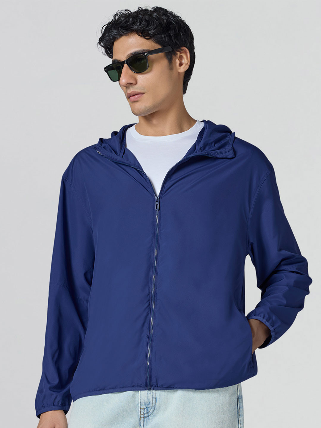 XYXX Men Solid Ozone UV Protection Polyester Quick Dry Estate Blue Hooded Parka Jacket