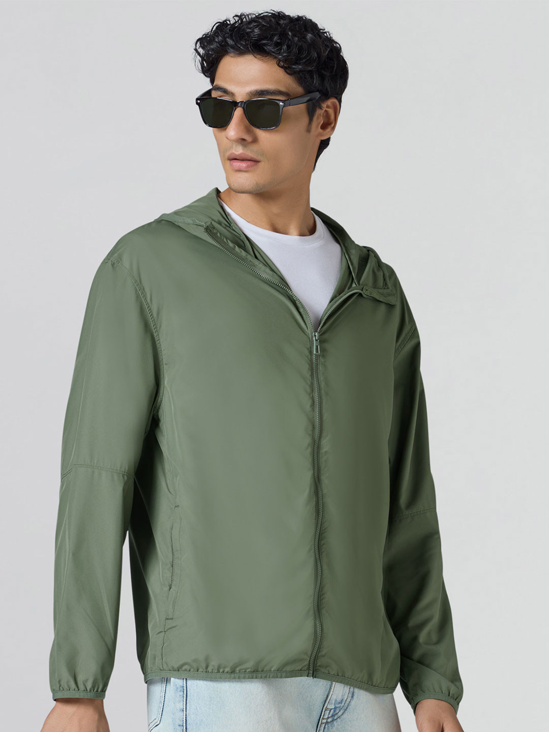 XYXX Men's Solid Ozone Uv Protection Polyester Quick Dry Sage Green Hooded Parka Jacket