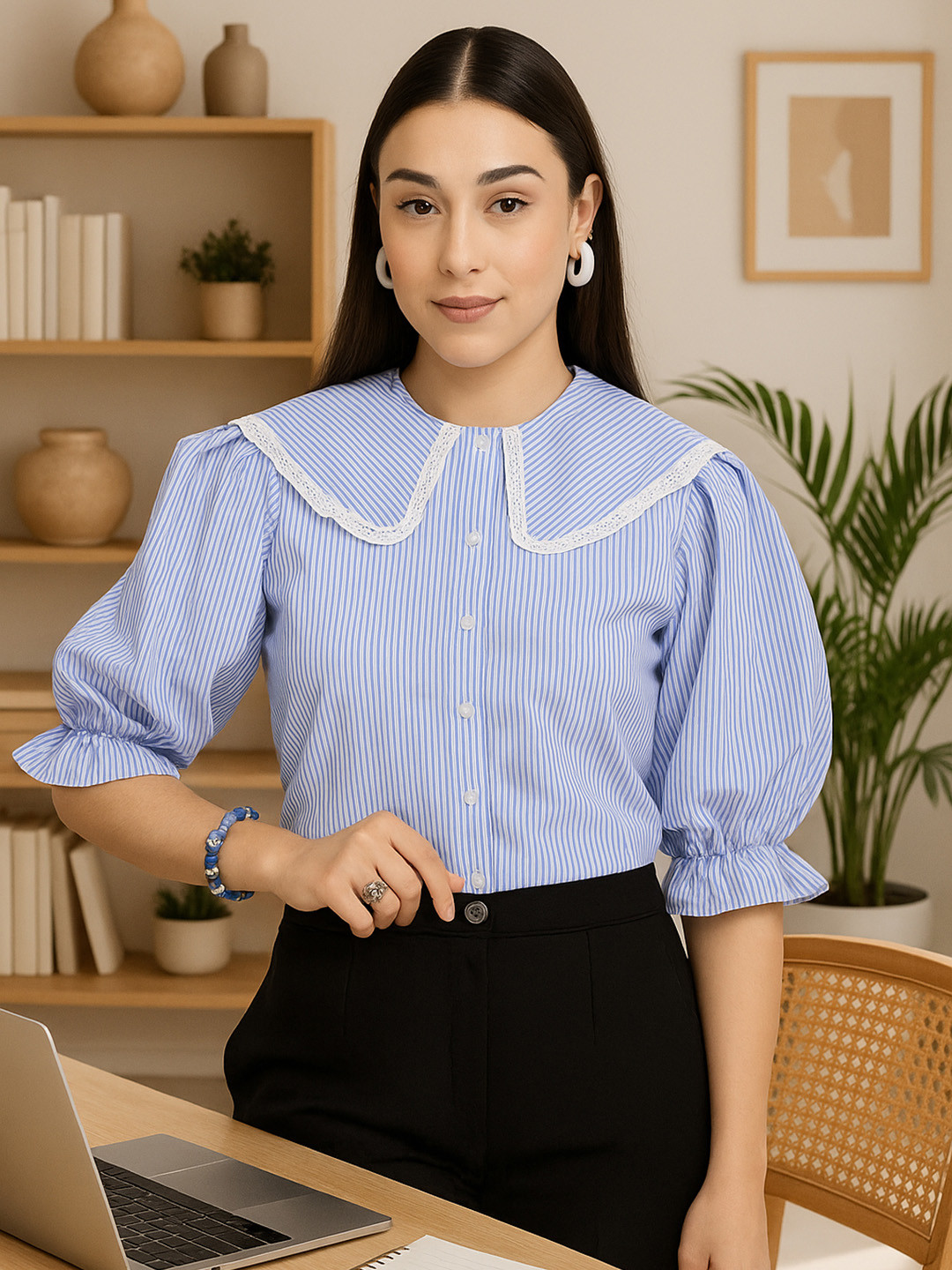 Style Quotient Vertical Stripes Smart Peter Pan Collar Formal Shirt