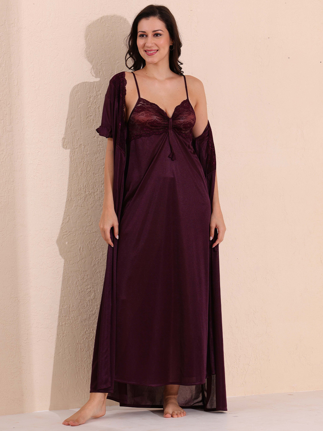 Arela Satin Self Design Shoulder Straps Baby Doll with Asymmetric